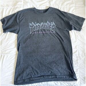 Thrasher Shirt Mens Large Gray Blue Flames Skater Skateboarding‎ Magazine Casual